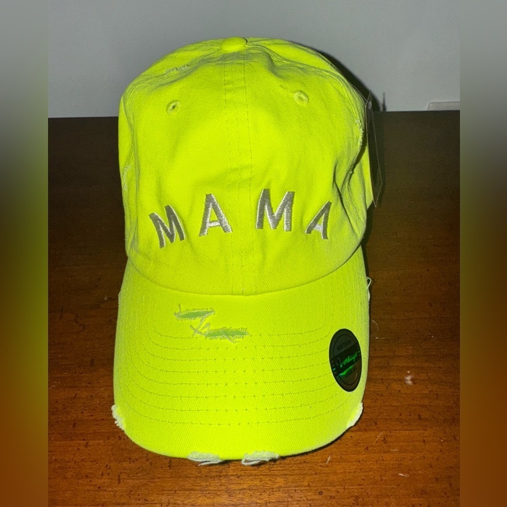 Neon Yellow MAMA Distressed Baseball Cap – Adjustable NWT - Picture 2 of 7